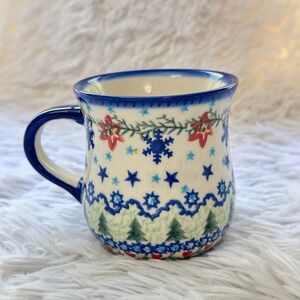 Polish Pottery Artisan Table Coffee Mug 12 Oz Snowflake & Pine Trees 1 Pc